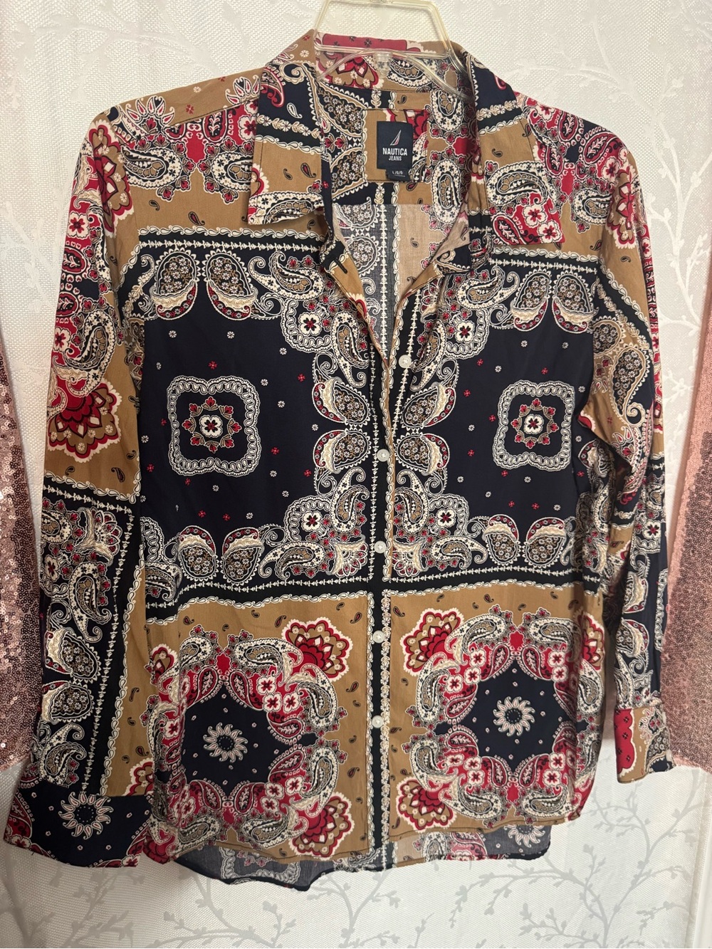Nautica Women's Paisley Patchwork Button-Down Shirt - Black, Tan & Red